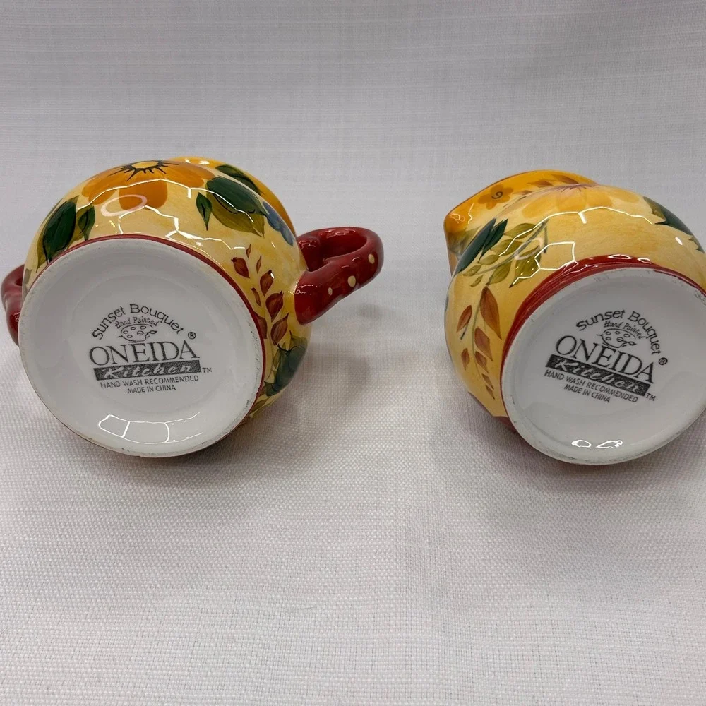 Oneida Sunset Bouquet Creamer & Sugar Bowl Set Yellow Red Floral Hand Painted